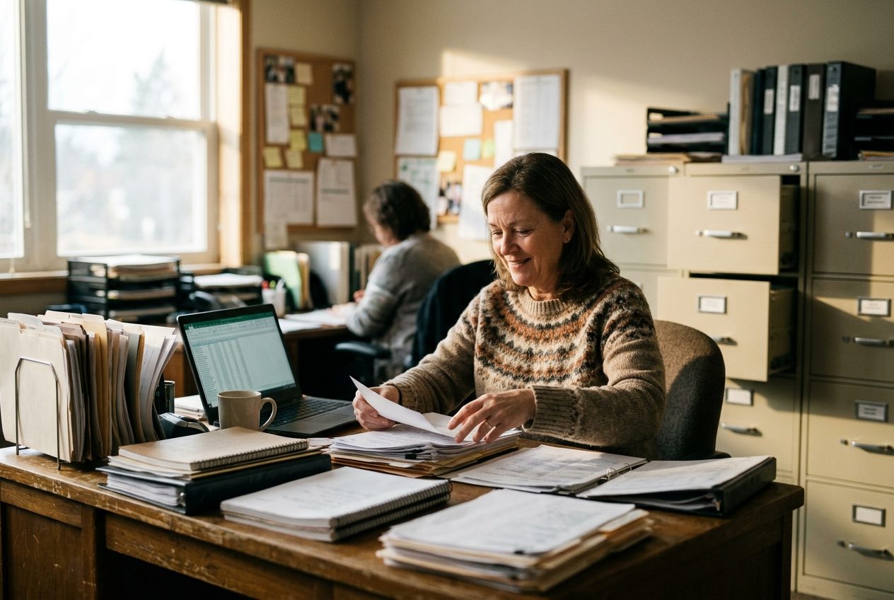 HOC team member reviewing property documents at her desk in a sunlit office, illustrating how the team works behind the scenes for members