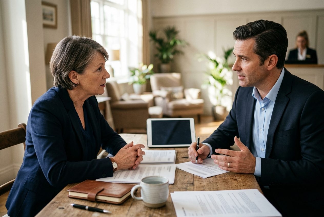 Two professionals reviewing franchise agreement documents at a table, representing HOC work on franchise fairness for hotel owners