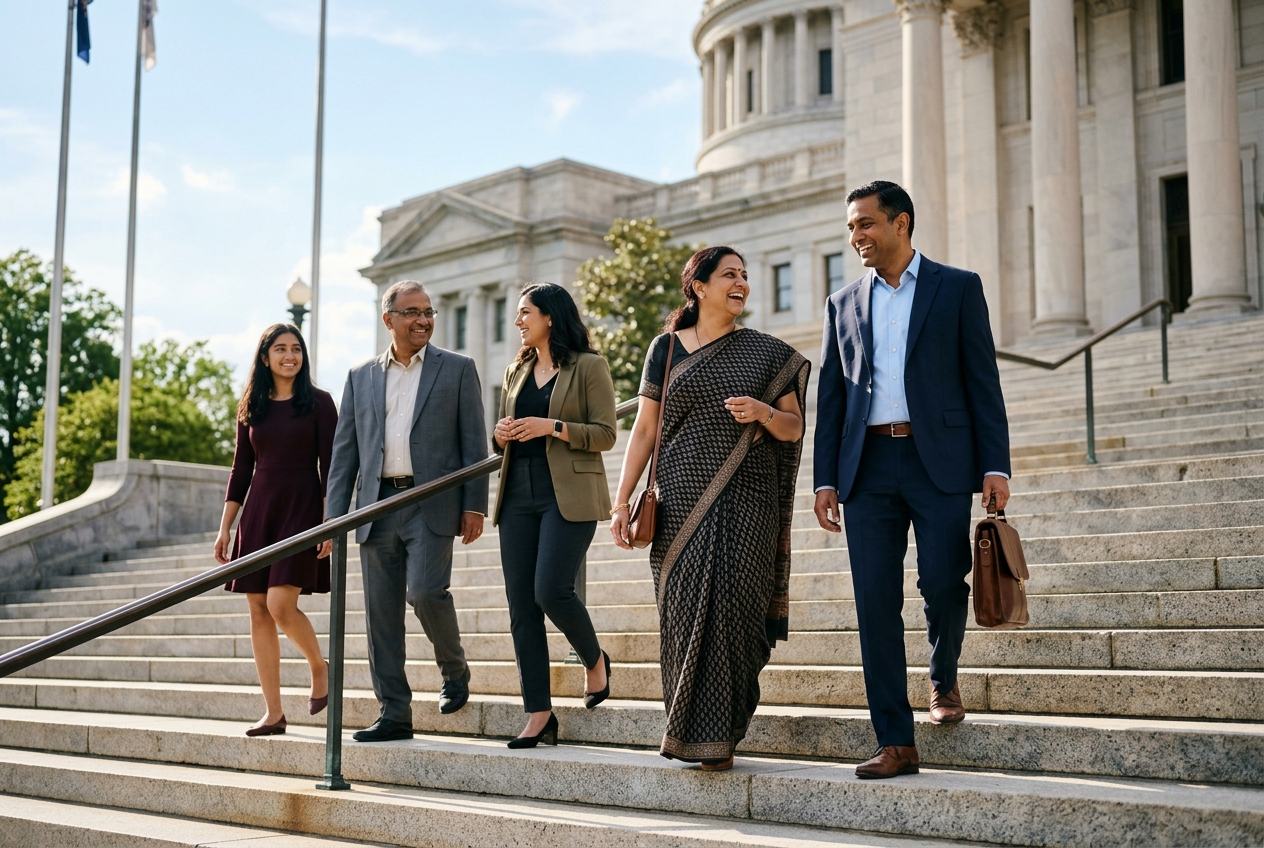 Hotel owners and advocates descending the steps of a state capitol building, representing HOC legislative action at the state level