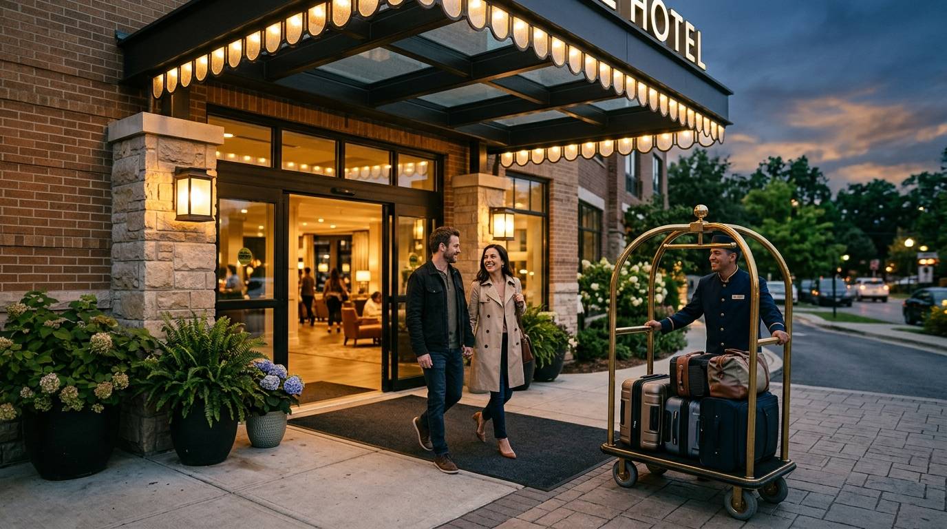 Hotel exterior at dusk with a welcoming entrance