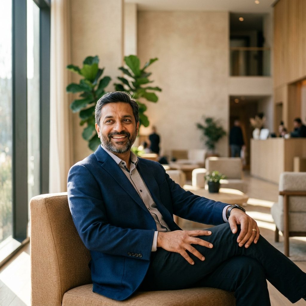 Hotel owner seated in a hotel lobby