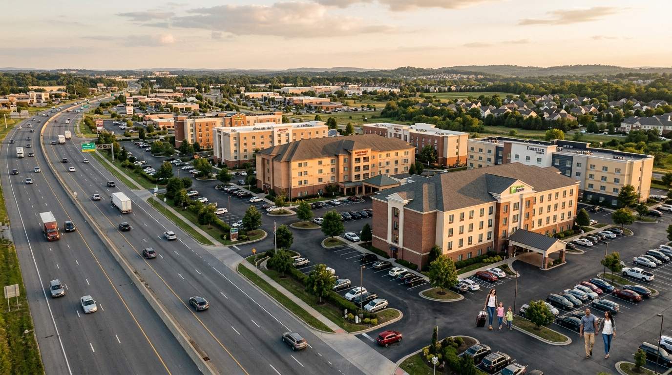 Row of mid-scale American hotel exteriors