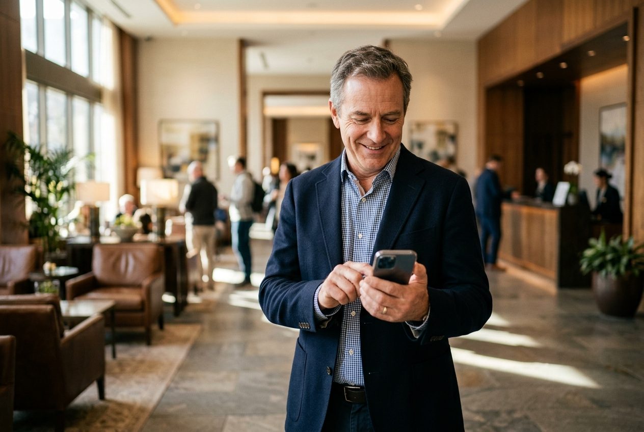 Hotel owner checking the HOC dashboard on a phone in a lobby