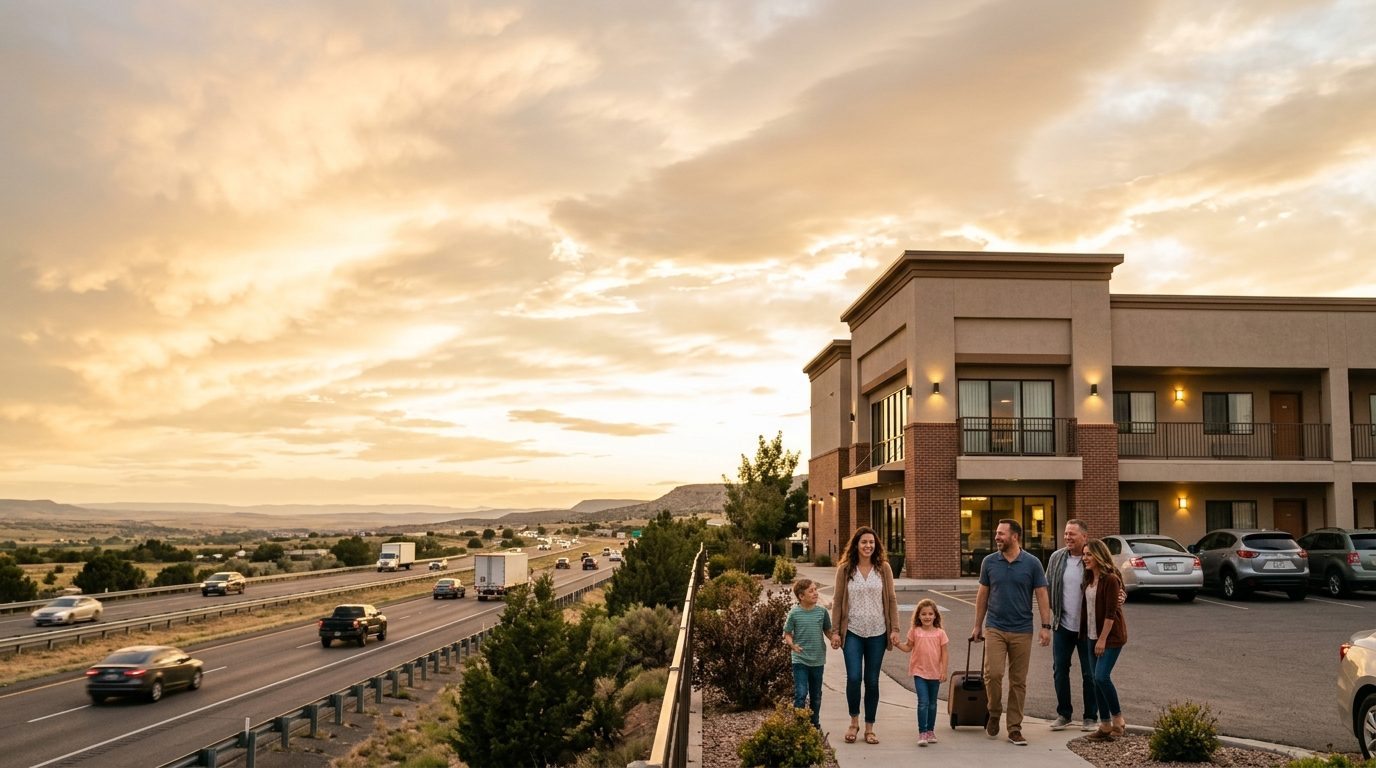 Mid-scale American hotel exterior at golden hour