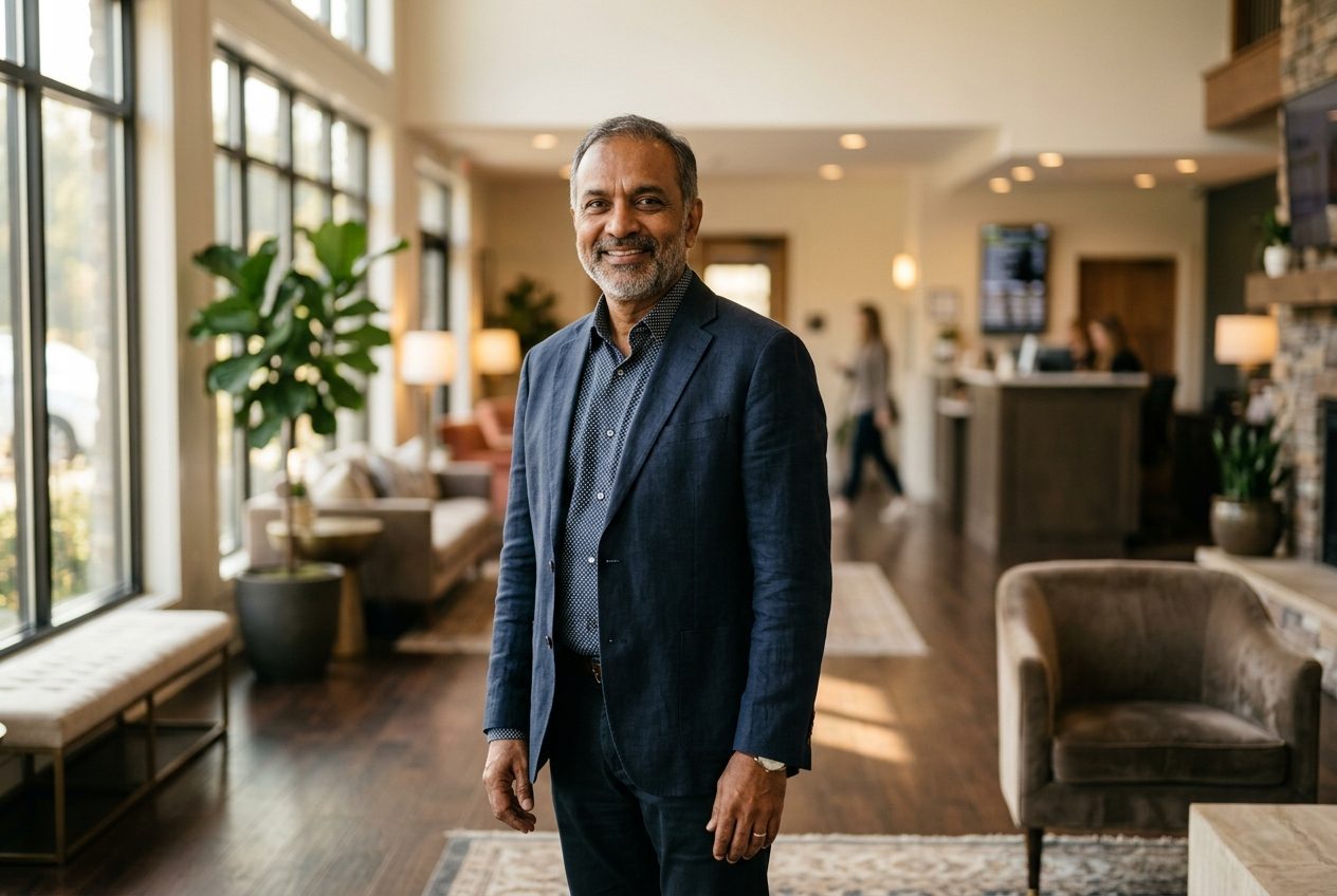 Indian-American hotel owner in a hotel lobby