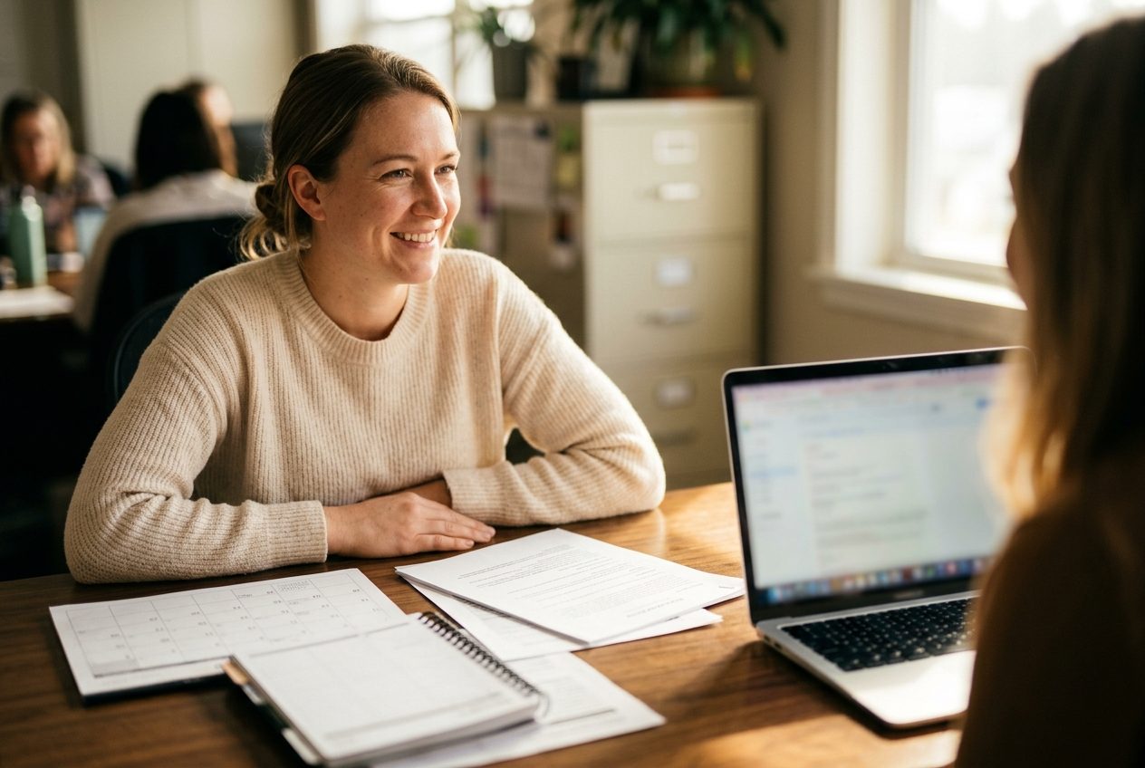 Hotel owner at a desk reviewing renewal documents