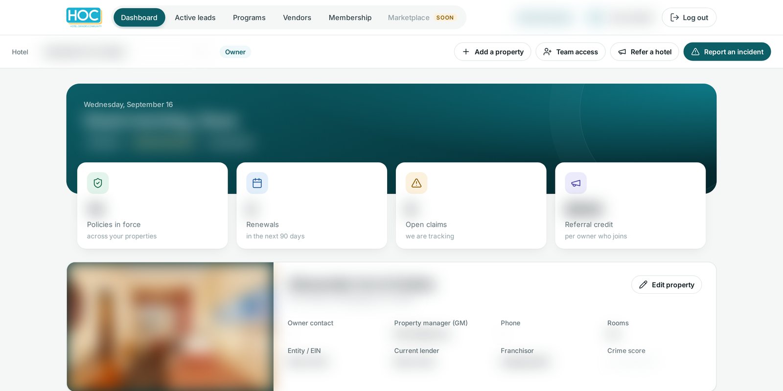 The HOC member dashboard, with member details blurred
