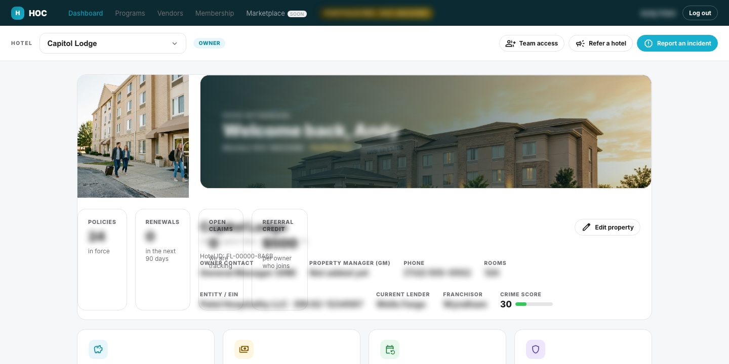 The real HOC member dashboard showing policies, savings and the property overview