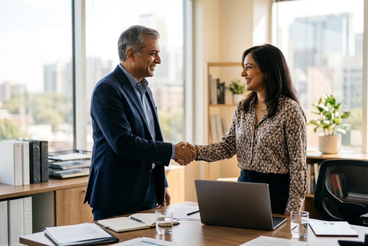 Two hotel owners discussing a property transaction