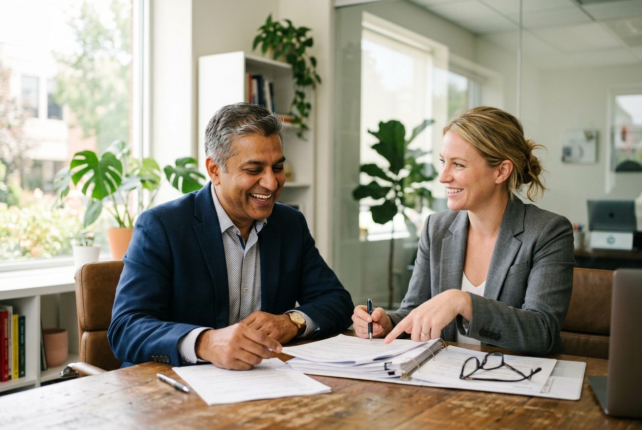 Hotel insurance documents and a handshake with an advisor