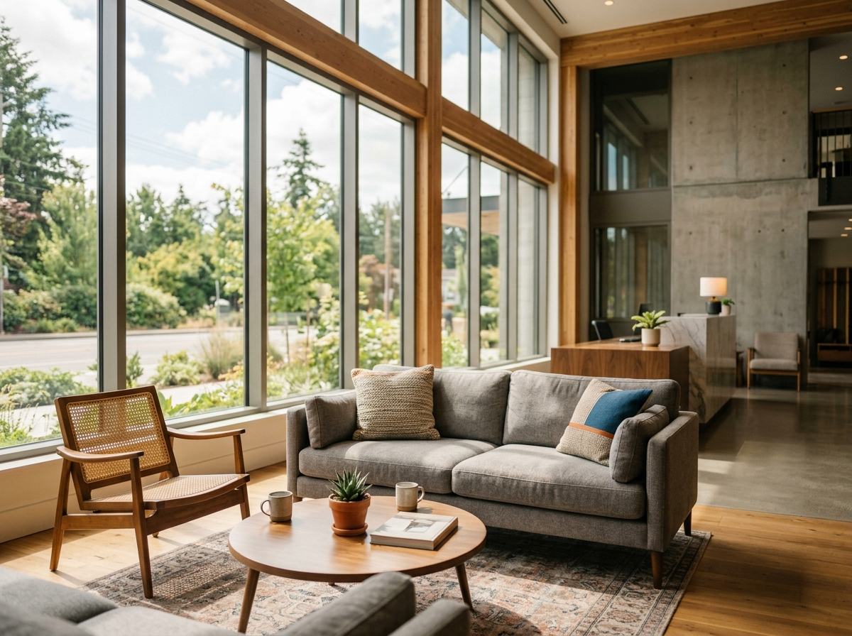 Bright mid-scale hotel lobby with natural light